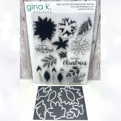 Gina K Designs PERFECT POINSETTIA Christmas Greenery 6x8 Rubber Stamps Dies