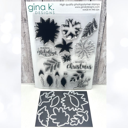 Gina K Designs PERFECT POINSETTIA Christmas Greenery 6x8 Rubber Stamps Dies