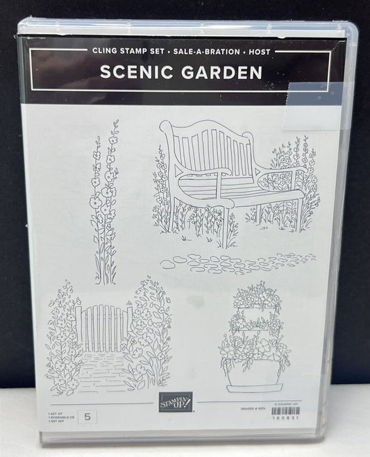 Stampin Up SCENIC GARDEN Bench Gate Flower Pots Rubber Stamps Set