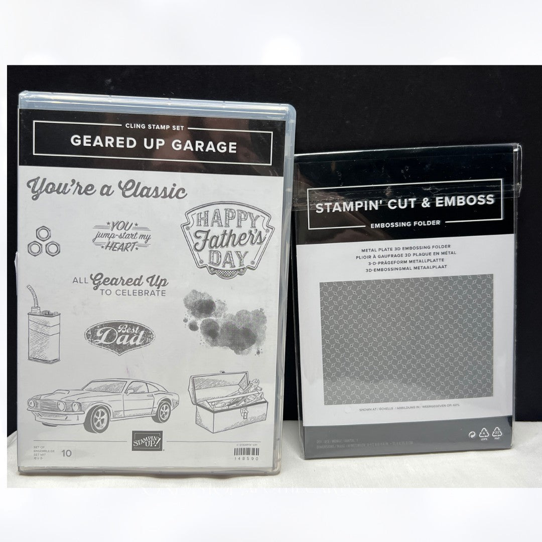 Stampin Up GEARED UP GARAGE Metal Plate Fathers Day Cars Rubber Stamps Set