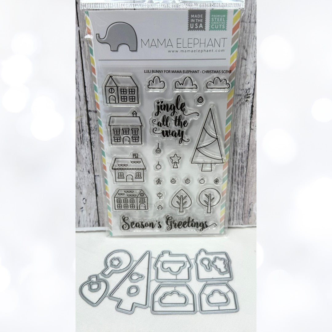 Mama Elephant CHRISTMAS SCENE Village Rubber Stamps Dies