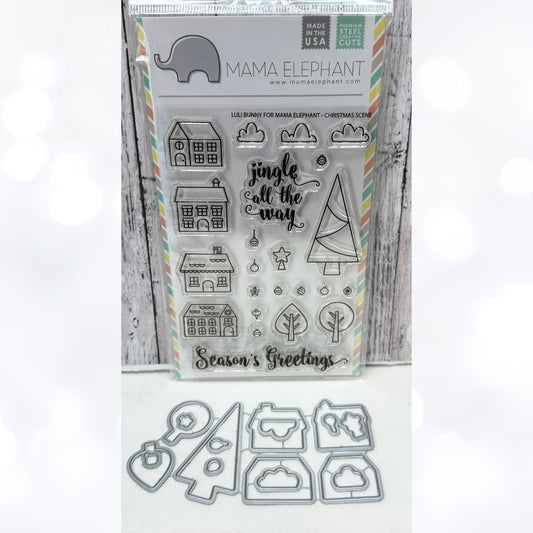 Mama Elephant CHRISTMAS SCENE Village Rubber Stamps Dies