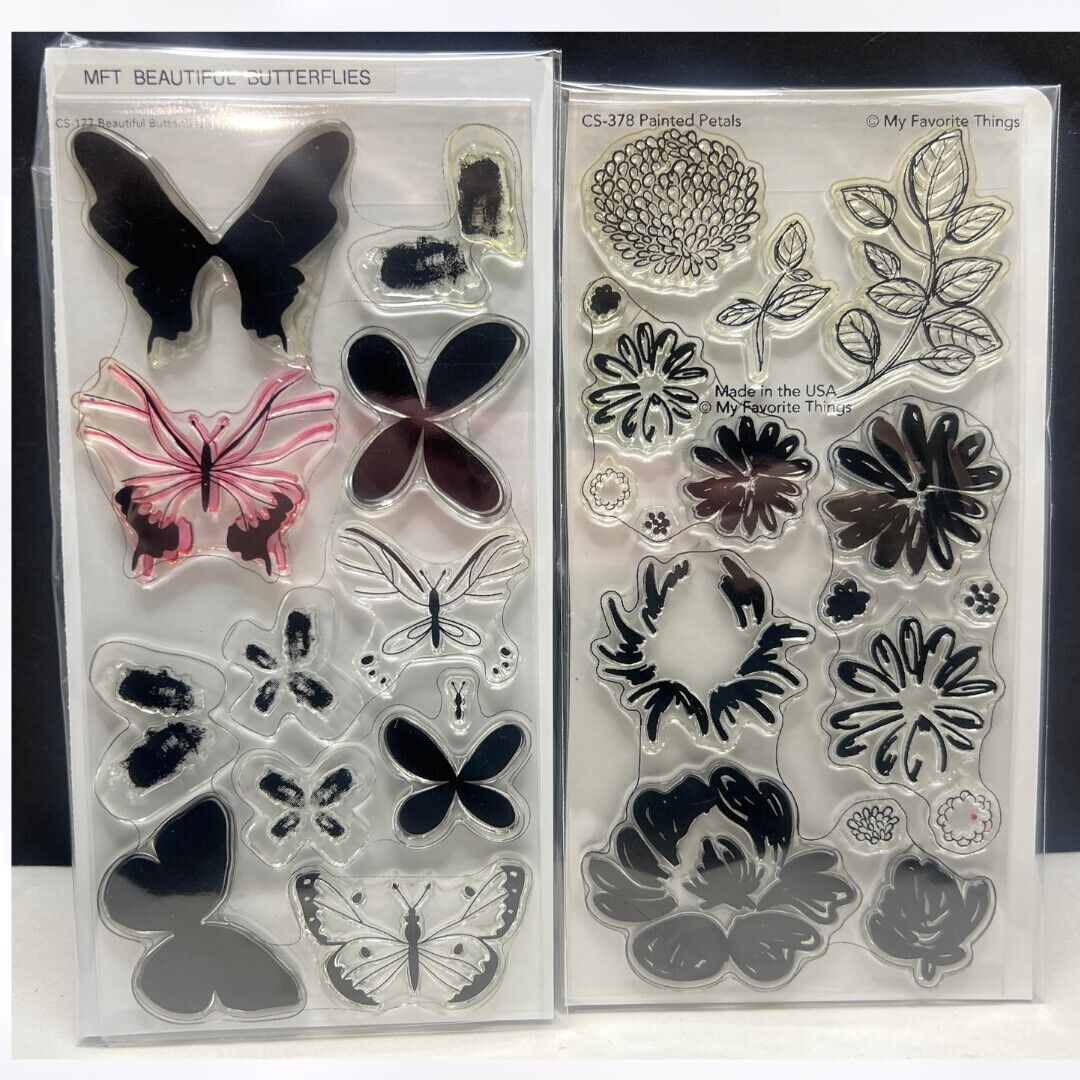 My Favorite Things PAINTED PETALS Butterfly Flowers 4x8 Rubber Stamps Lot of 2