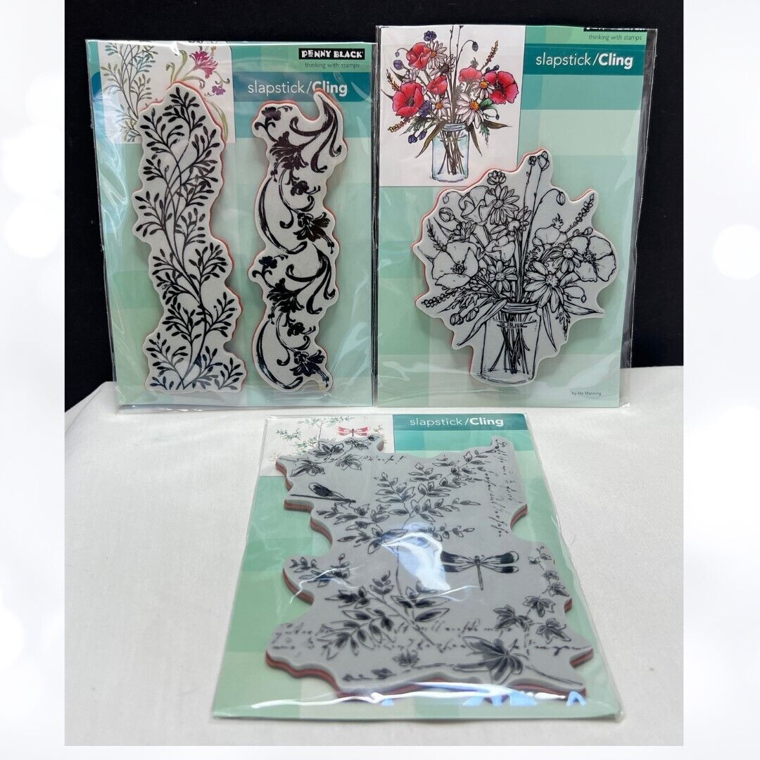 Penny Black FLOWERS Vase Dragonflies Twirls Rubber Stamps Lot of 3