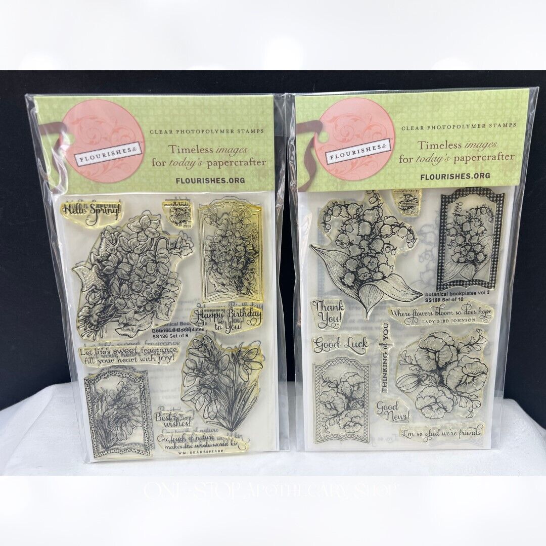 Flourishes BOTANICAL BOOKPLATES 1 & 2 Flowers Floral Rubber Stamps