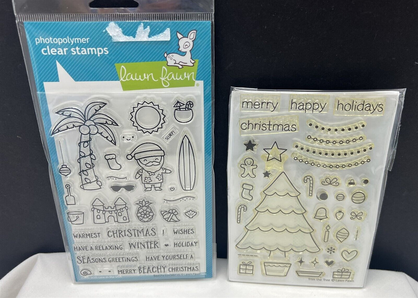 Lawn Fawn BEACHY CHRISTMAS Trim the Tree Santa Tropical Rubber Stamps Lot