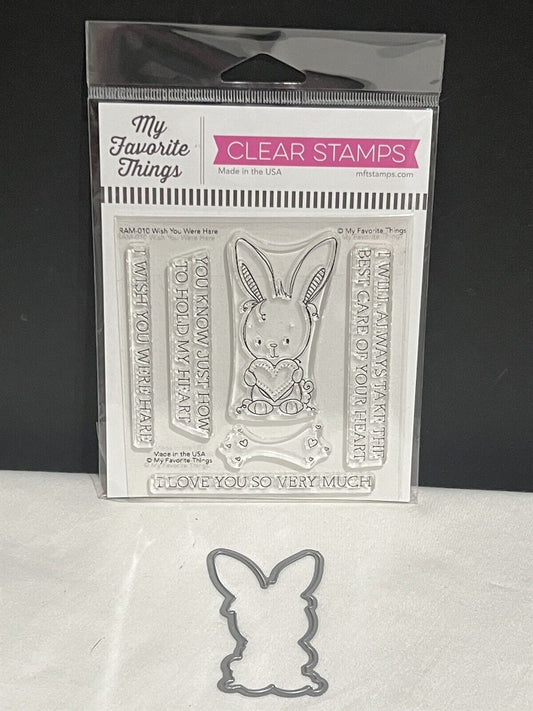 My Favorite Things WISH YOU WERE HERE Rabbit Bunny MFT Rubber Stamps Die Set