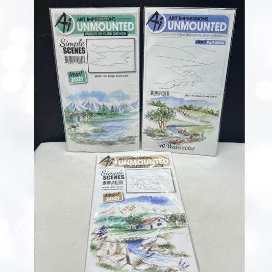 Art Impressions LAKE SCENE Stone Creek River Landscape Rubber Stamps Lot of 3