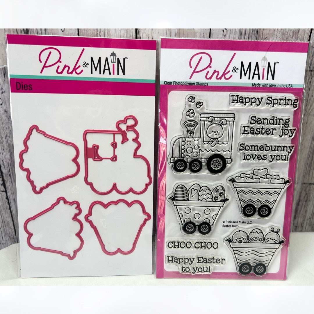 Pink & Main EASTER TRAIN Bunny Chicks Eggs Rubber Stamps Dies