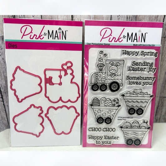 Pink & Main EASTER TRAIN Bunny Chicks Eggs Rubber Stamps Dies
