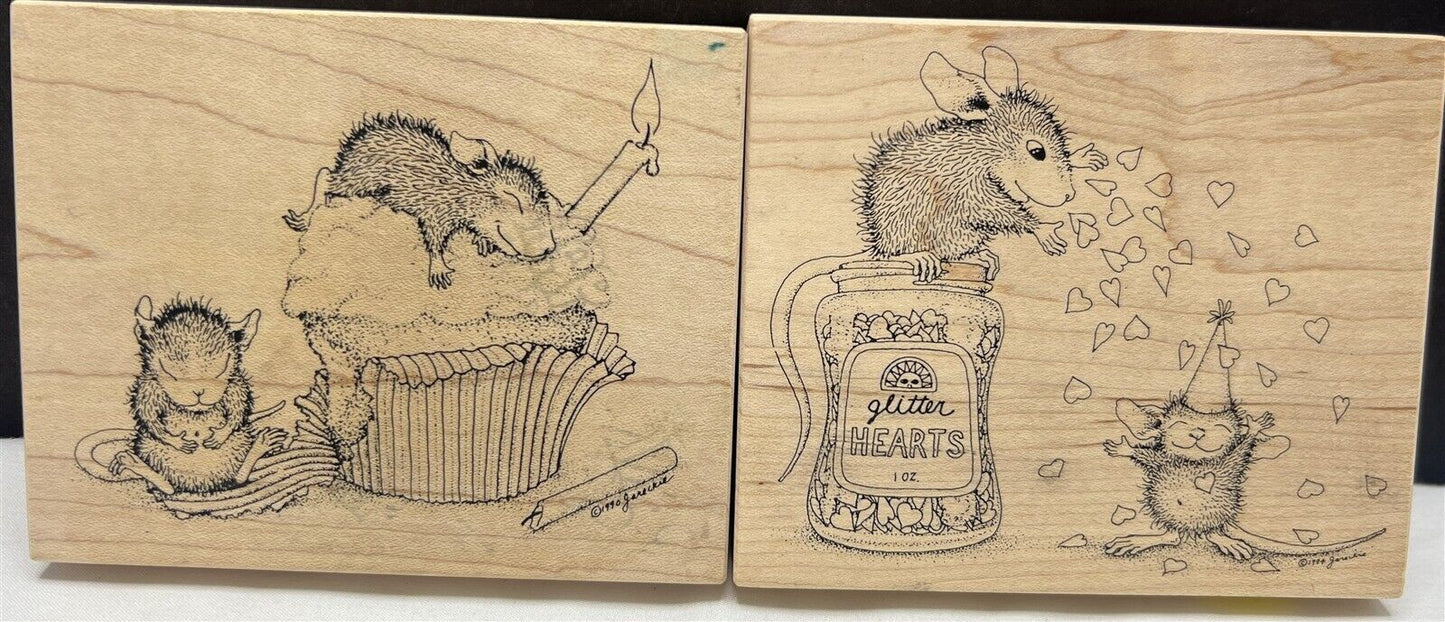 House Mouse BIRTHDAY CUPCAKE Glitter Hearts Party Mice Rubber Stamps Lot