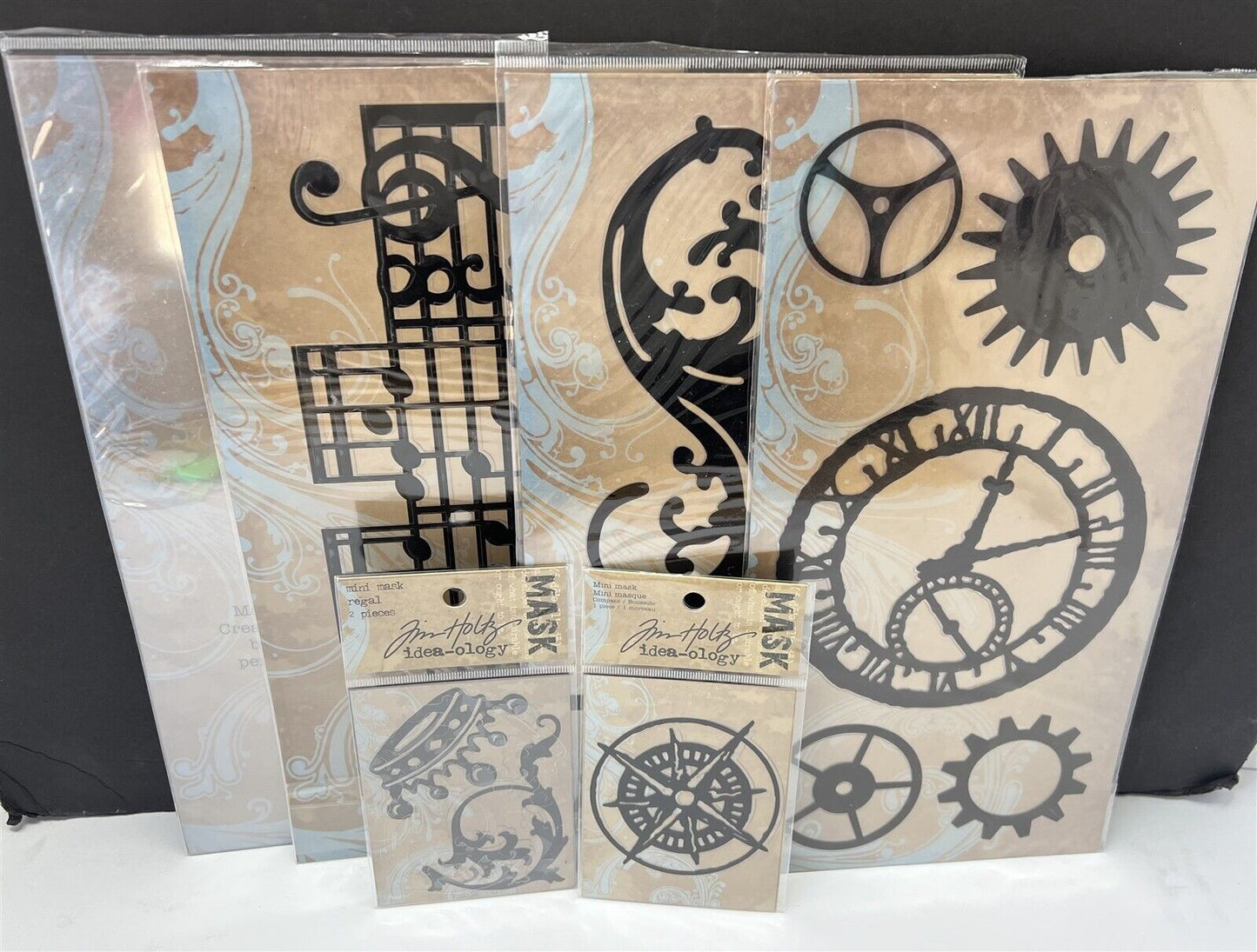 Tim Holtz Idea-ology MASKS Stencils Clocks Gears Crown Music Lot of 6