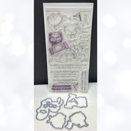 My Favorite Things FAST TRACK FRIENDS Bunny Cat Racing Cars Rubber Stamps Dies