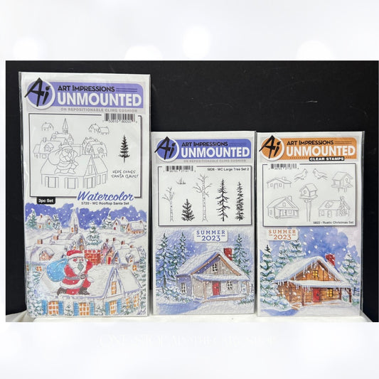 Art Impressions ROOFTOP SANTA Rustic Christmas Watercolor Rubber Stamps Lot