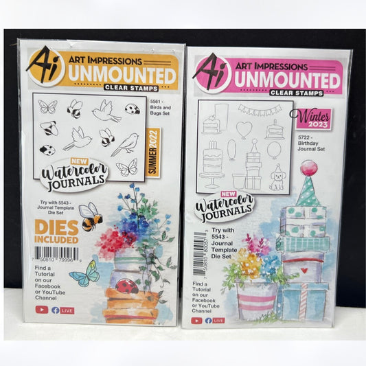 Art Impressions BIRTHDAY Birds Bugs Watercolor Journals Rubber Stamps Dies 