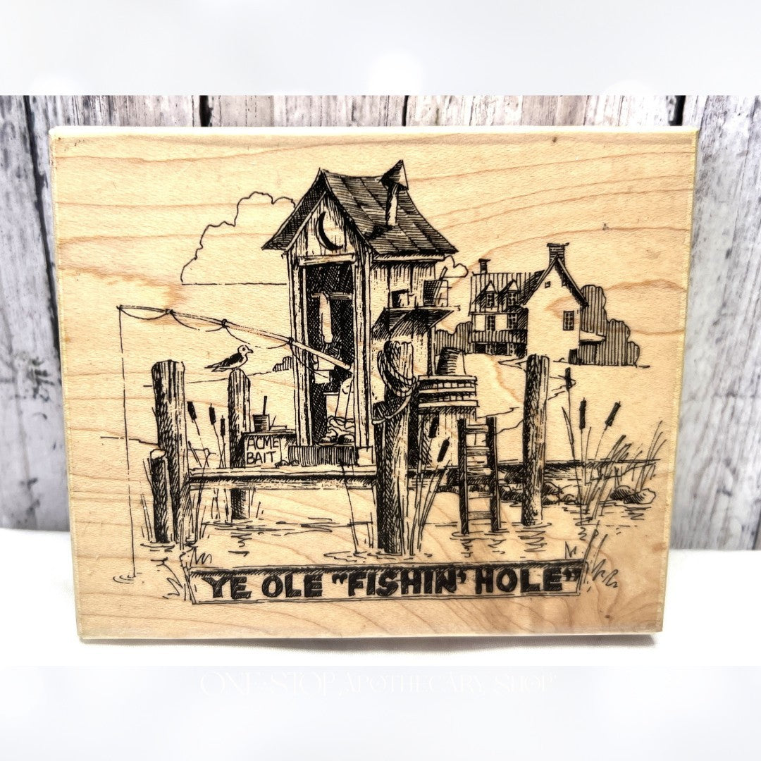 Impression Obsession YE OLE FISHIN HOLE Fishing Outhouse Funny Rubber Stamp
