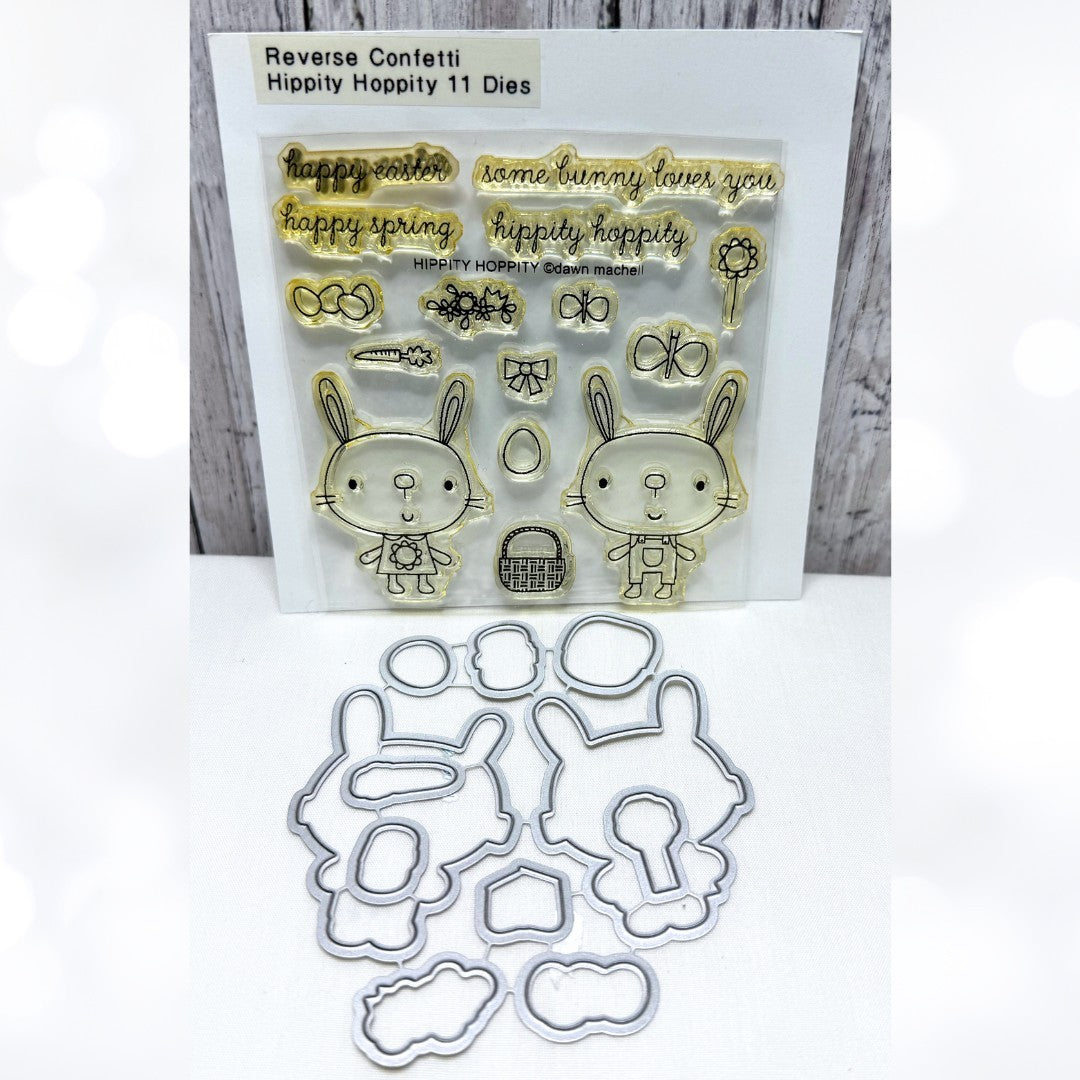 Reverse Confetti HIPPITY HOPPITY Easter Bunny Rubber Stamps Dies
