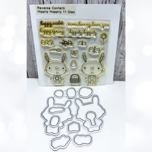 Reverse Confetti HIPPITY HOPPITY Easter Bunny Rubber Stamps Dies