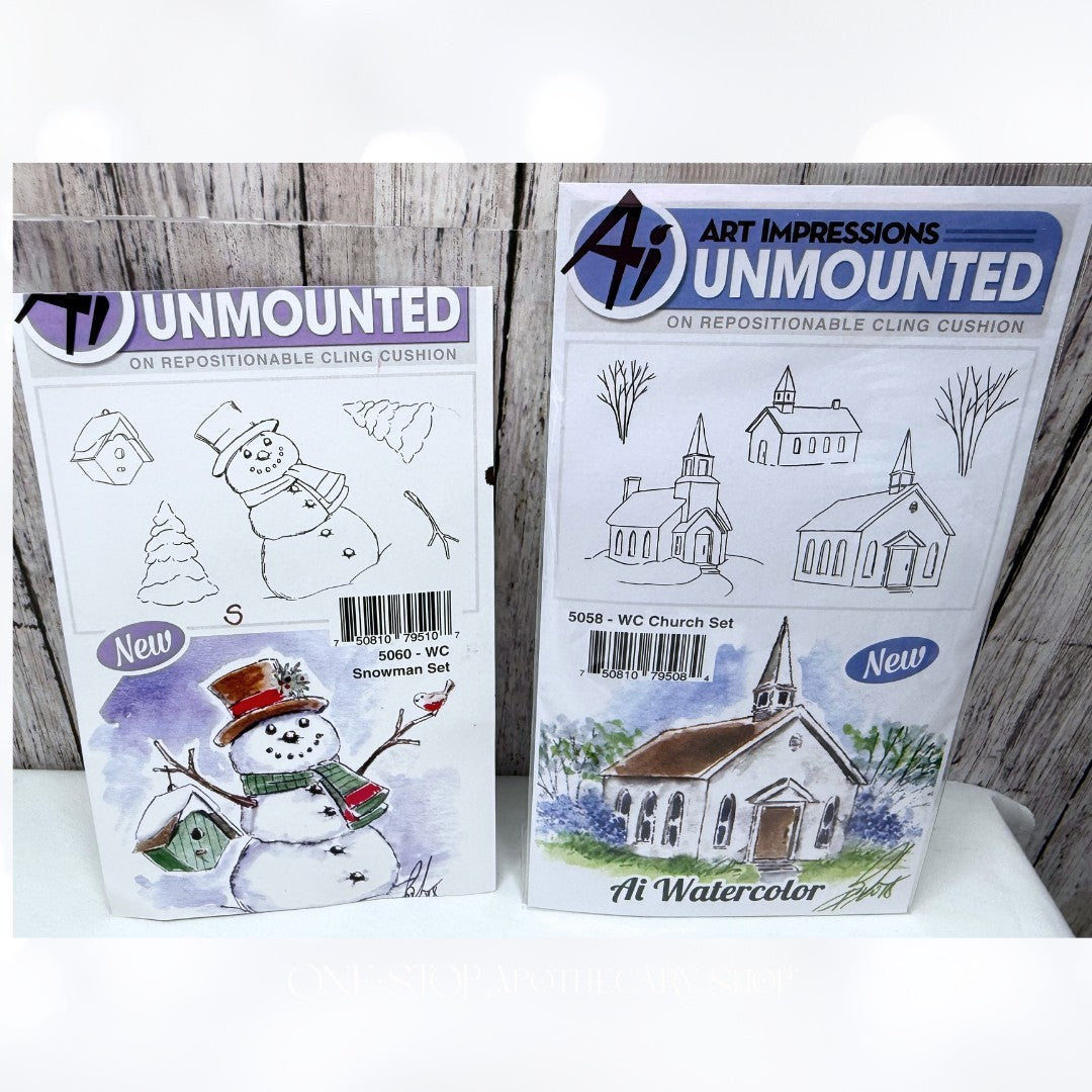 Art Impressions SNOWMAN Church Watercolor Christmas Rubber Stamps