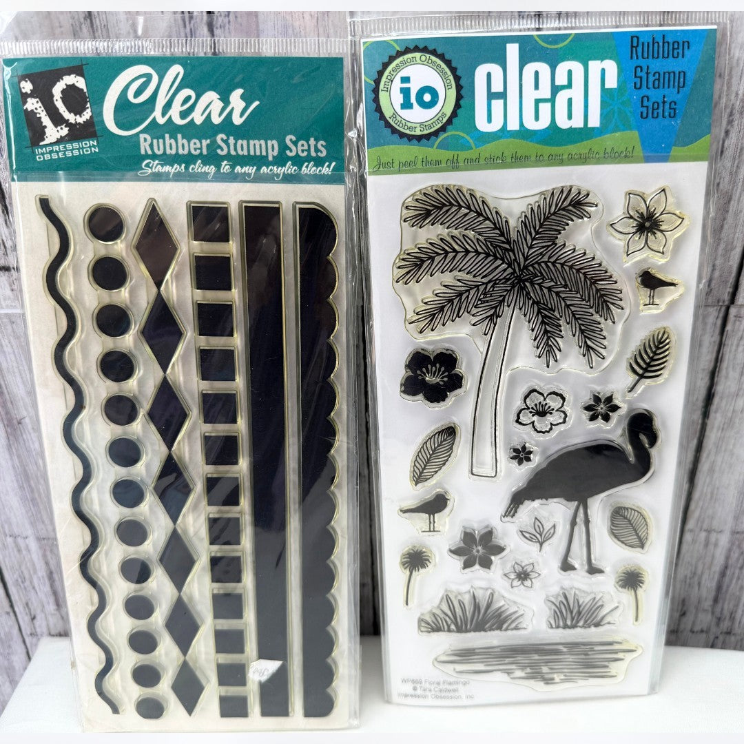 Impression Obsession FLORAL FLAMINGO Borders Tropical 4x8 Rubber Stamps