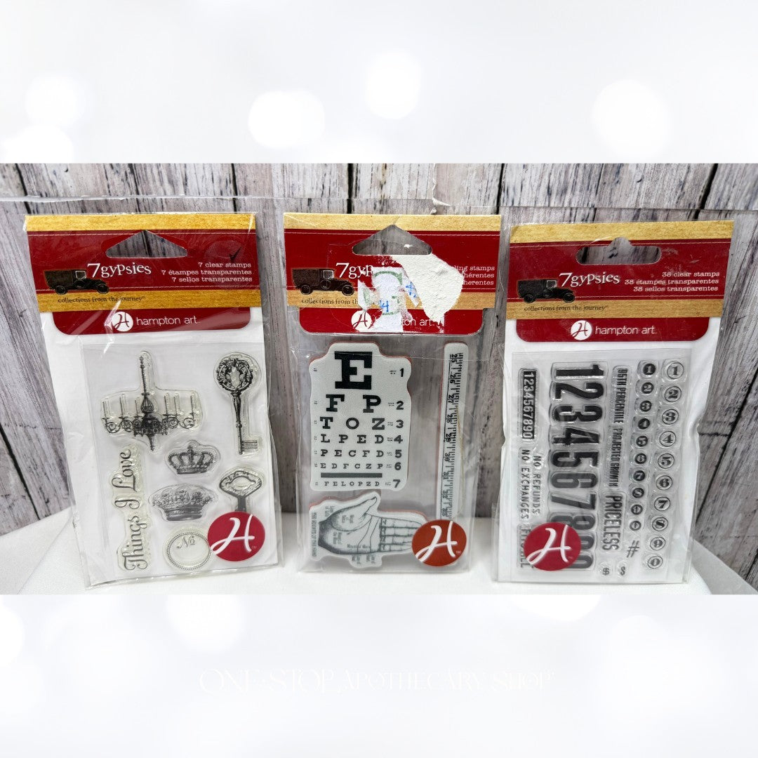 7Gypsies MIXED MEDIA Eye Chart Keys Numbers Rubber Stamps Lot of 3
