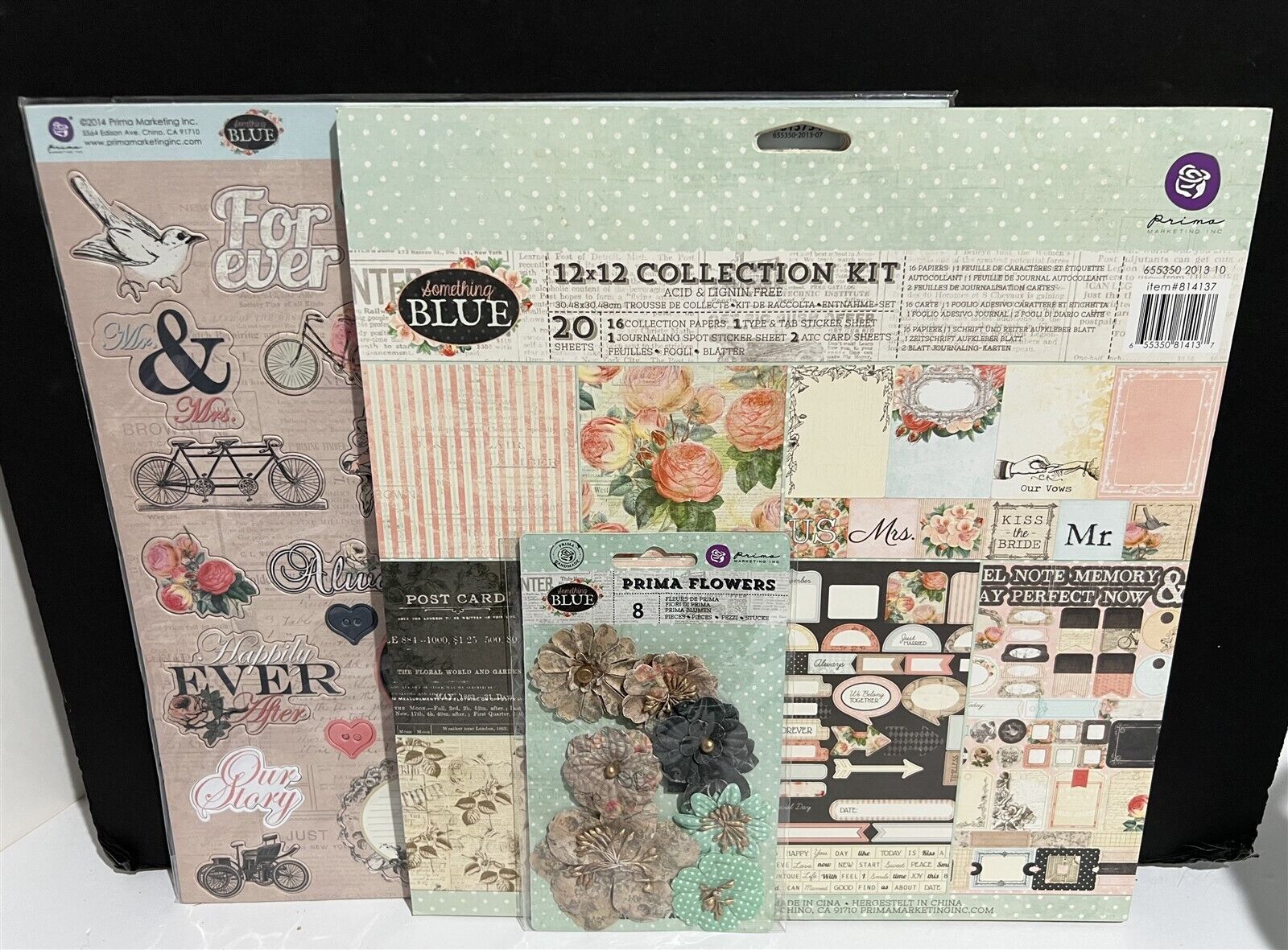 Prima SOMETHING BLUE Wedding Scrapbook Paper Flowers Chipboard 12x12 Lot