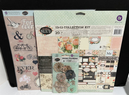 Prima SOMETHING BLUE Wedding Scrapbook Paper Flowers Chipboard 12x12 Lot
