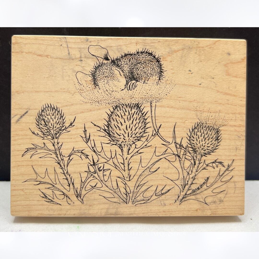 House Mouse NAPPING ON A THISTLE Monica Mice Rubber Stamp Rare