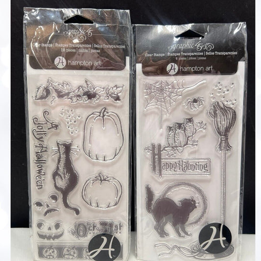 Graphic 45 HAPPY HAUNTING Halloween Cat Owls Rubber Stamps Lot of 2