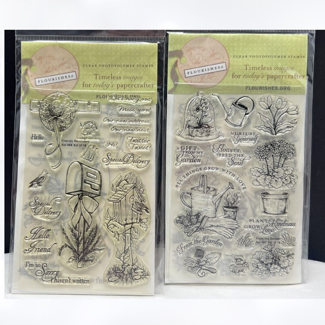 Flourishes FROM THE GARDEN Flowers Birds Birdhouse Rubber Stamps Set