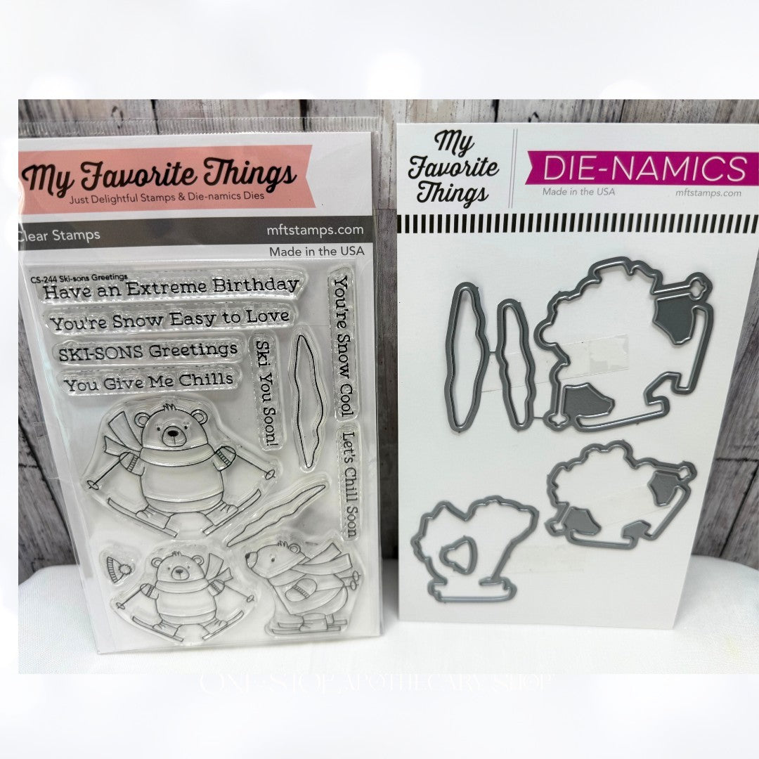 My Favorite Things SKI-SON'S GREETINGS Christmas Bears Skiing Rubber Stamps Dies