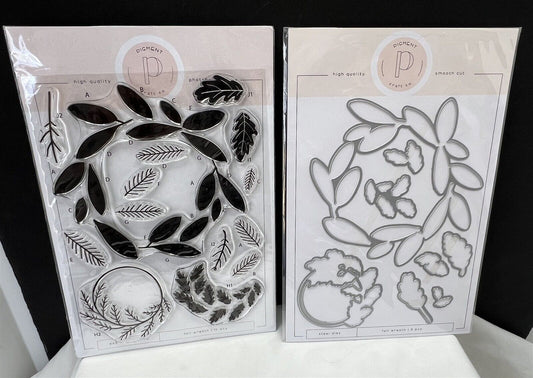 Pigment Craft Co FALL WREATH Autumn Leaves 6x8 Rubber Stamps Dies Set