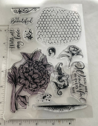 Crafter's Companion BEAUTIFUL PEONY Flower Peonies Collage Rubber Stamps Set