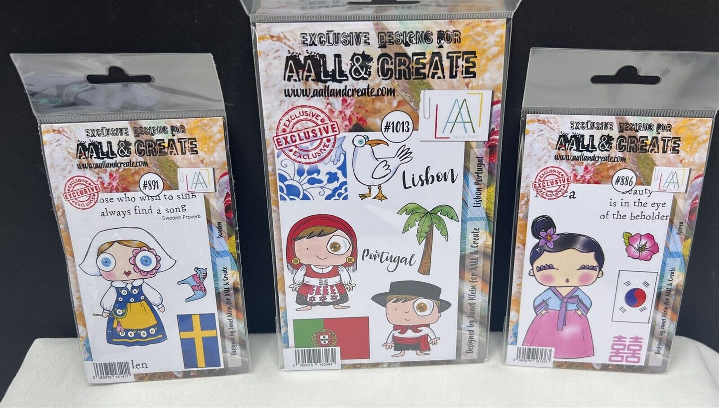 Aall & Create Portugal Korea Sweden Countries Travel Cartoons Rubber Stamps Lot