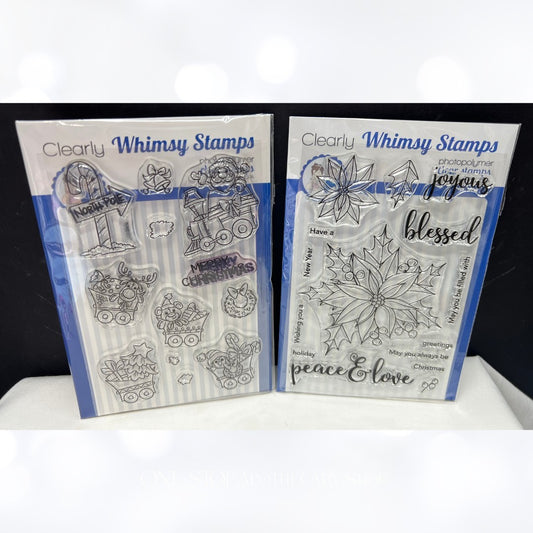 Whimsy Stamps SANTA'S TRAIN Poinsettia Christmas Rubber Stamps