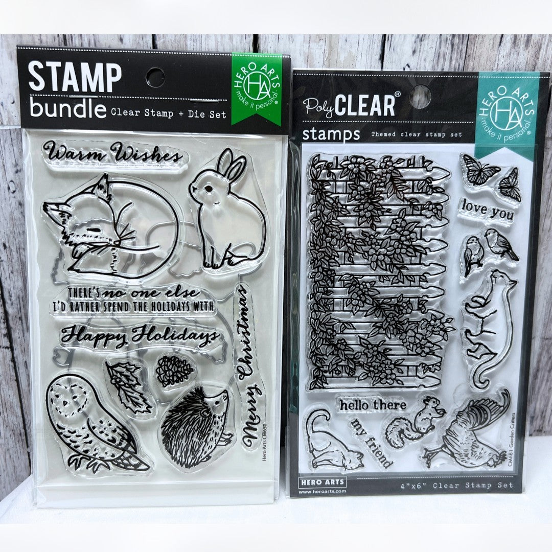 Hero Arts GARDEN CRITTERS Winter Cats Rabbit Owl Rubber Stamps Dies