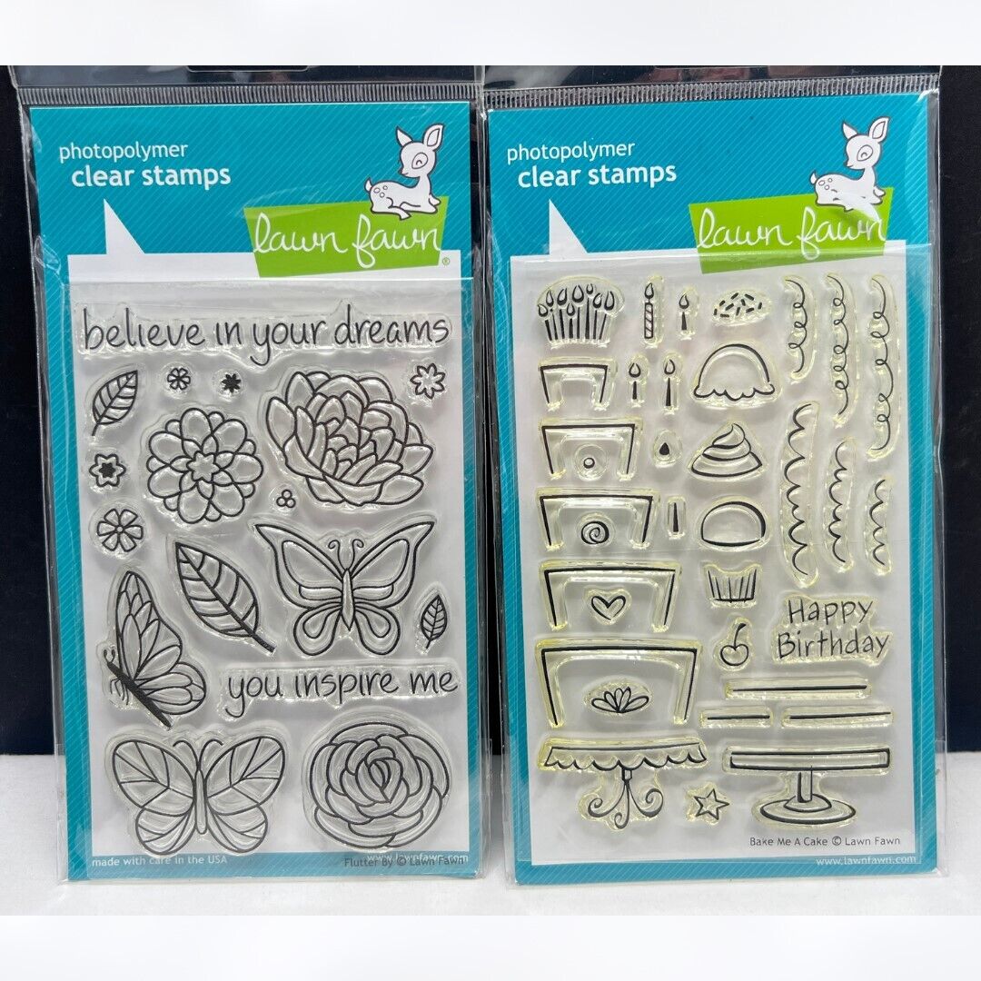 Lawn Fawn BAKE ME A CAKE Flutter By Butterflies Birrthday Rubber Stamps