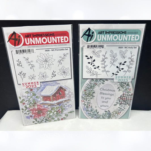 Art Impressions POINSETTIA & HOLLY Christmas Watercolor Rubber Stamps Lot of 2