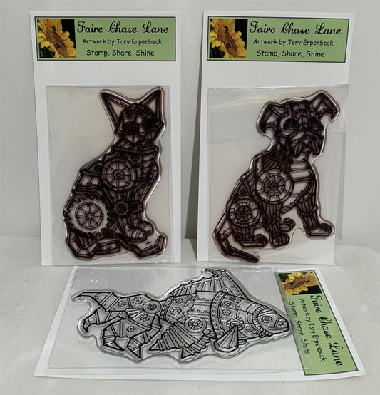 Faire Chase Lane STEAMPUNK Animals Fish Cat Dog Collage Rubber Stamps Lot of 3