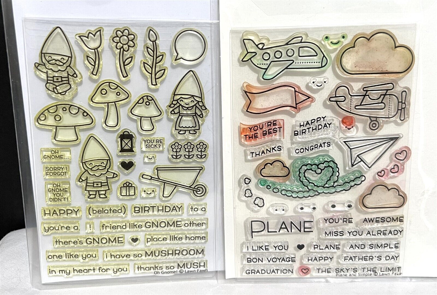 Lawn Fawn PLANE & SIMPLE Oh Gnome Airplane Garden Gnomes Rubber Stamps Lot of 2