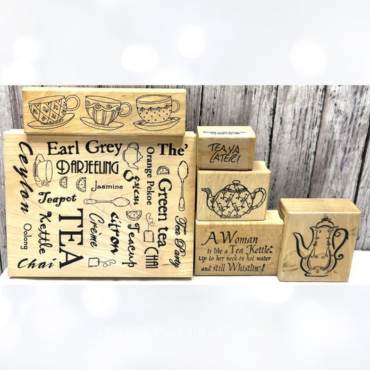 TEA PARTY Cup Kettle Pot Background Funny Rubber Stamps Lot of 6