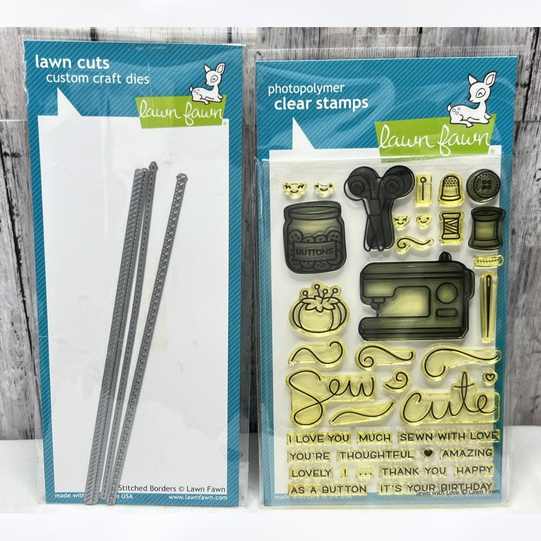 Lawn Fawn SEWN WITH LOVE Stitched Borders Sewing Rubber Stamps Dies
