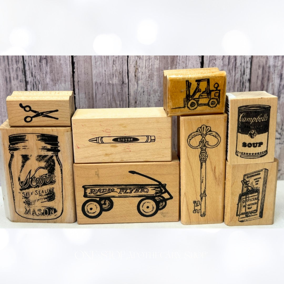 OBJECTS Wagon Key Mason Jar Crayon Rubber Stamps Lot of 8