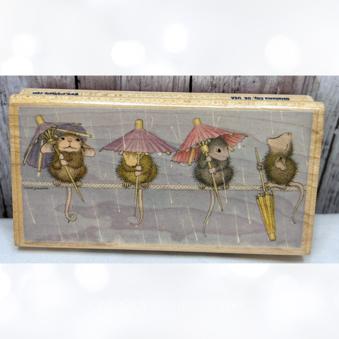 House Mouse SITTING IN THE RAIN 2 Umbrella Spring Mice Rubber Stamp