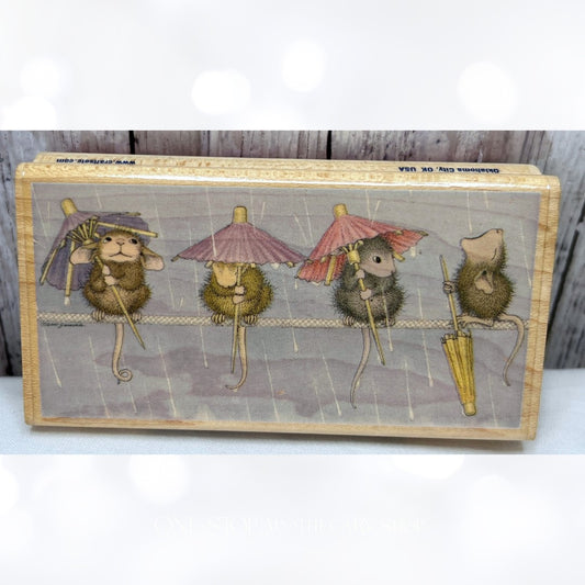 House Mouse SITTING IN THE RAIN 2 Umbrella Spring Mice Rubber Stamp