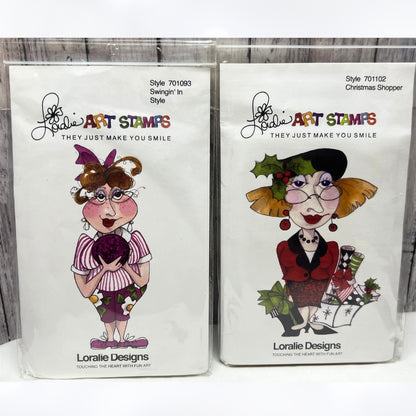 Loralie Art Stamps CHRISTMAS SHOPPER Bowling Old Lady Cartoon Rubber Stamps