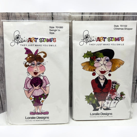 Loralie Art Stamps CHRISTMAS SHOPPER Bowling Old Lady Cartoon Rubber Stamps