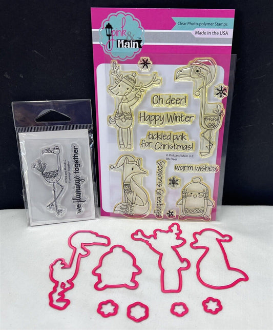 Pink & Main OH DEER Christmas Reindeer Flamingo Fox Animals Rubber Stamps Dies