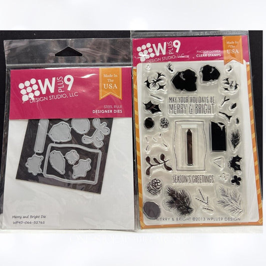 WPLUS9 W Plus 9 Merry & Bright Christmas Holiday Rubber Stamps Dies