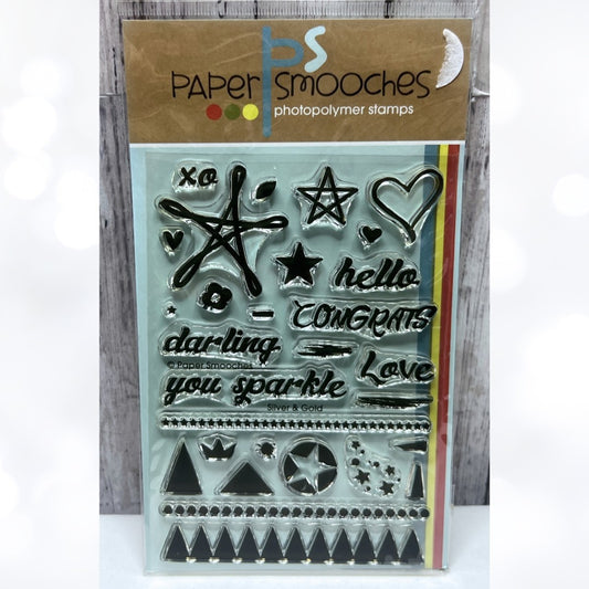 Paper Smooches SILVER & GOLD Stars Sentiments Rubber Stamps